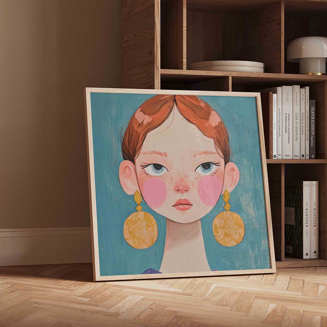 Meisje met grote oorbellen – vierkante moderne wanddecoratie van WallArtistic