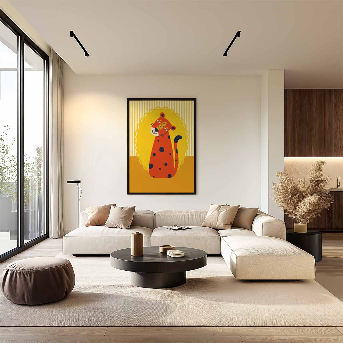 Vrolijke Cheetah op Geel – kunstwerk met zwarte baklijst