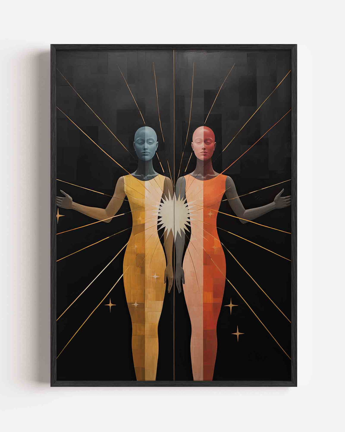 Twee figuren met stralen – surrealistische portret poster als wanddecoratie