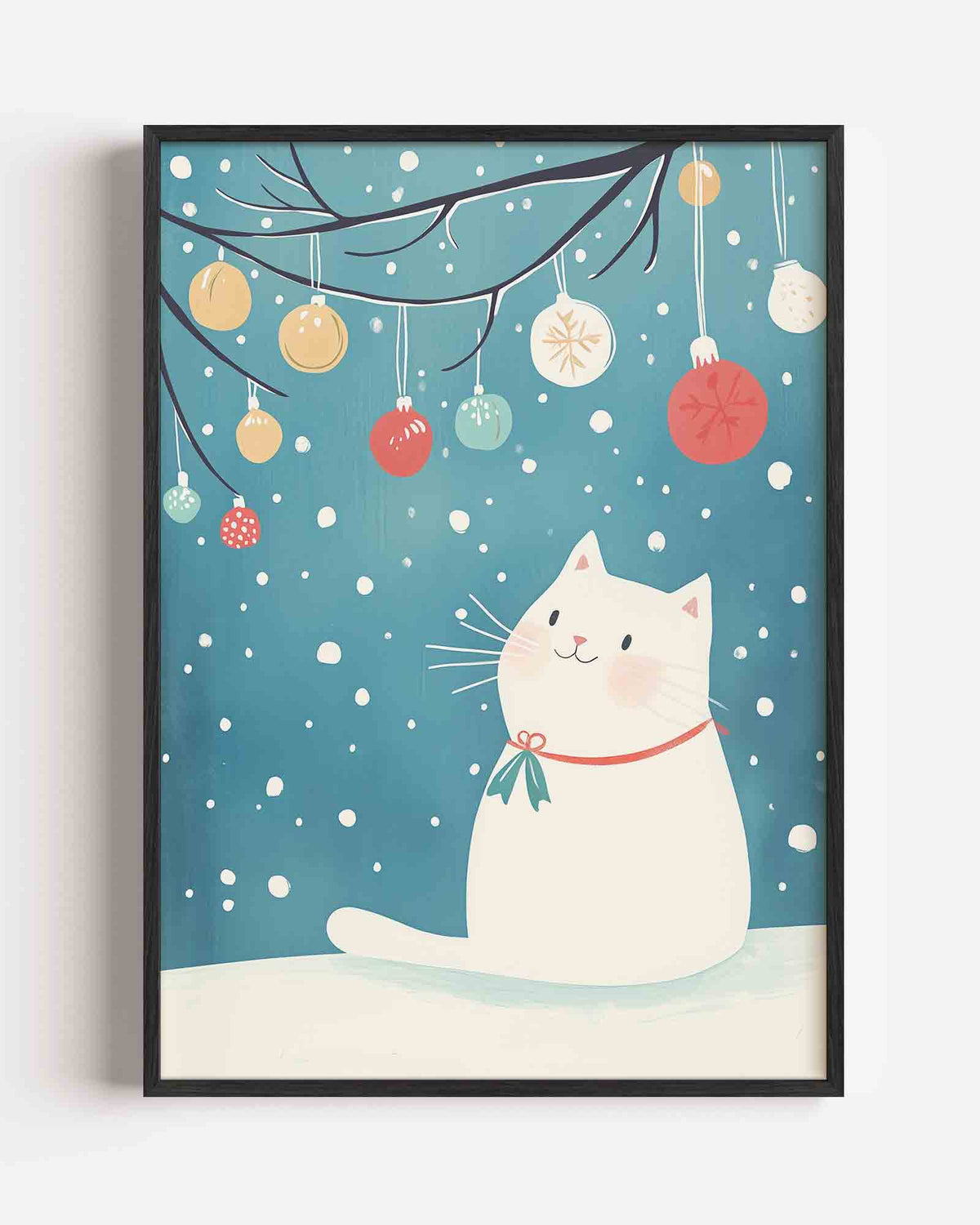 Witte kat met kerstballen – kids portret poster als wanddecoratie