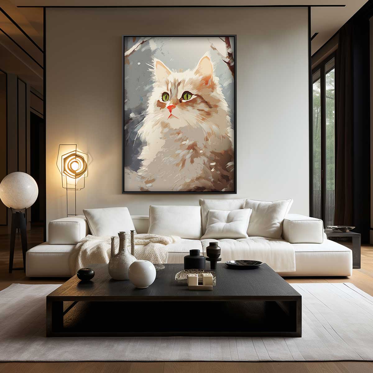 Winterse Kattenblik – kunstwerk met zwarte baklijst