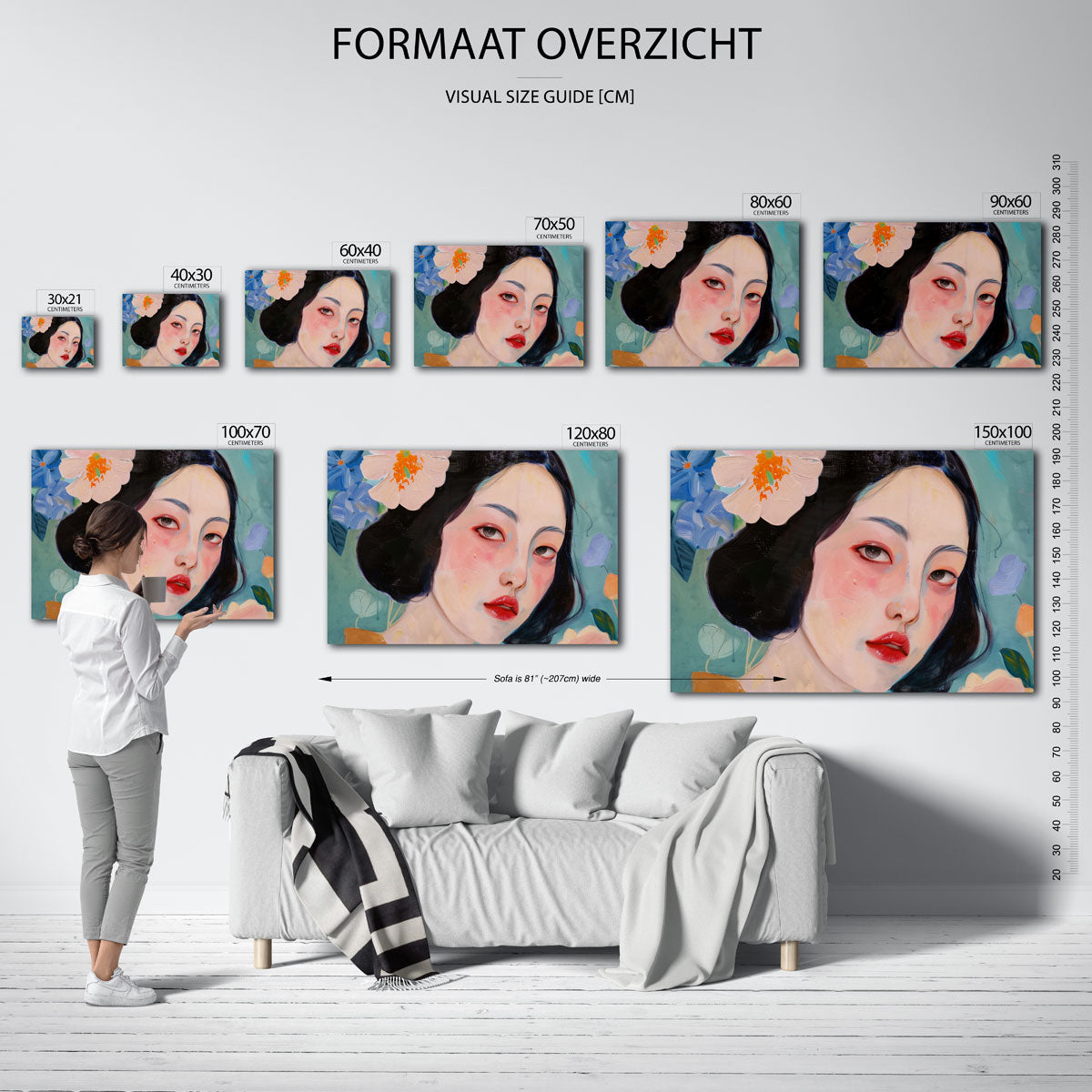 Vrouwelijk portret met bloemen – landscape muurposter met eigentijdse illustratie