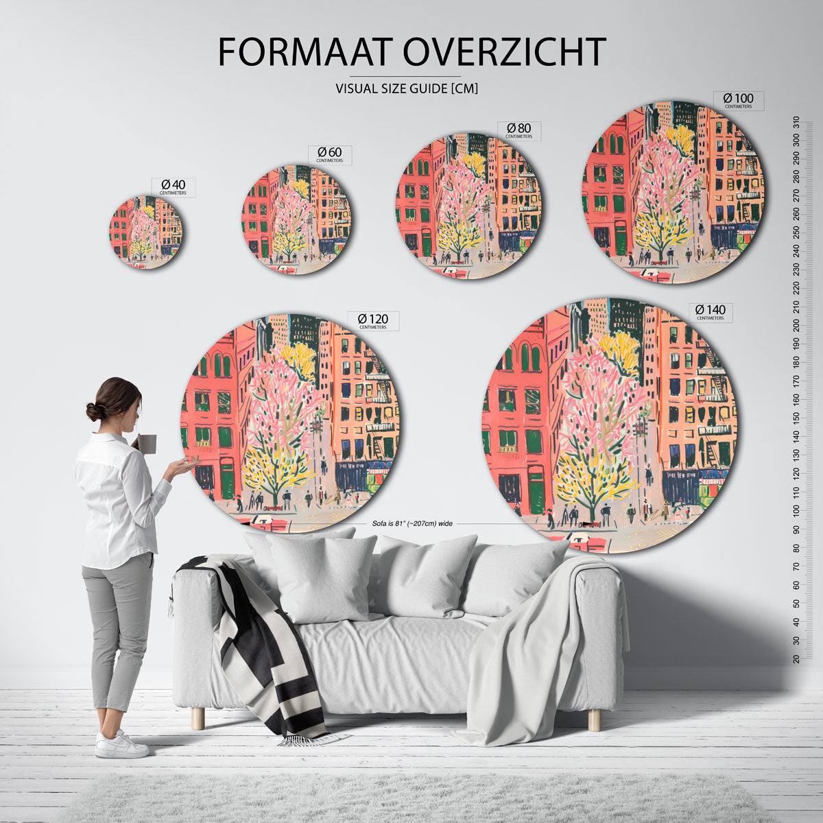 Stadsgezicht met bomen – abstracte wandkunst met textuur als muurcirkel