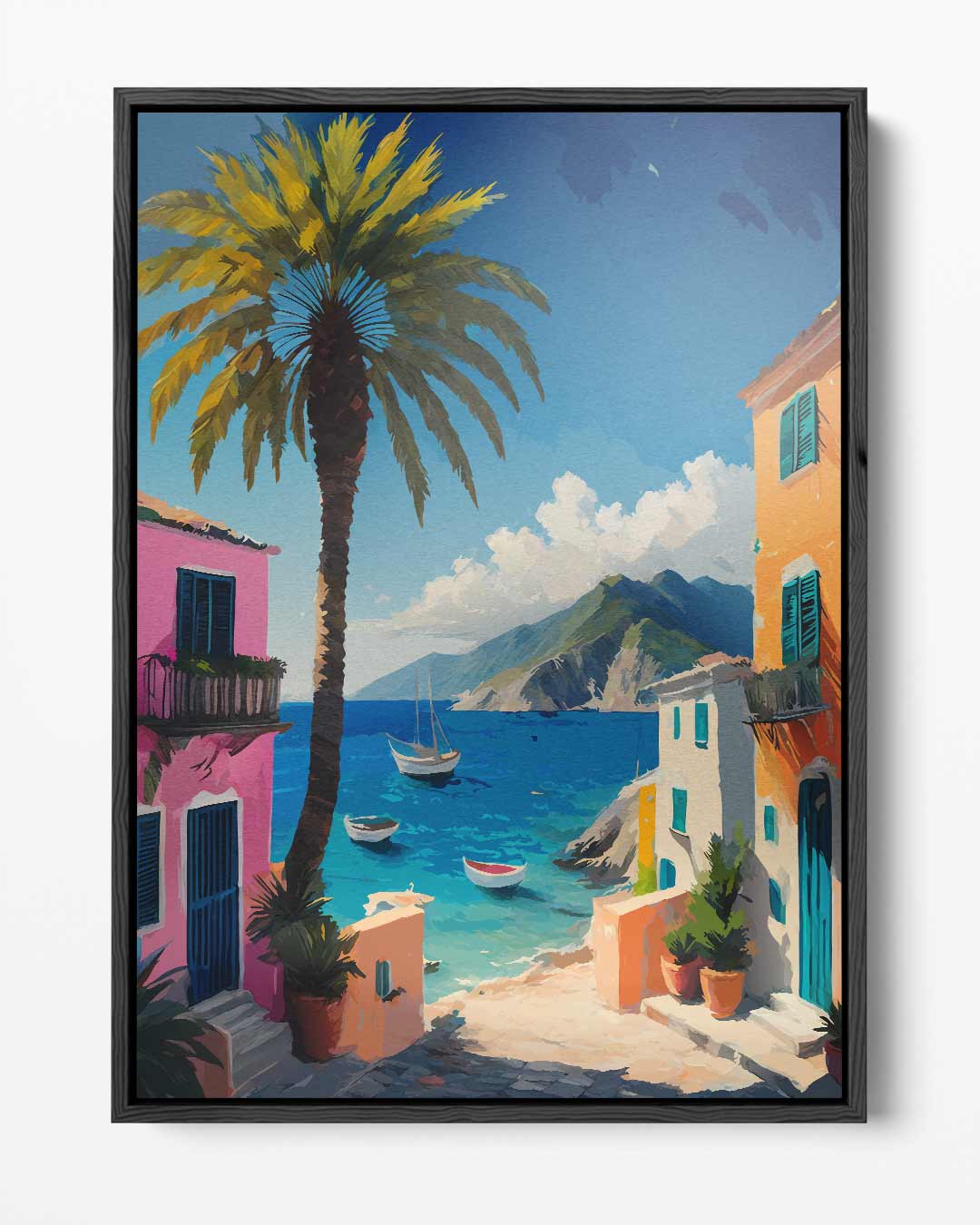 Zonovergoten Mediterraans Dorp – portret kunstwerk als wanddecoratie