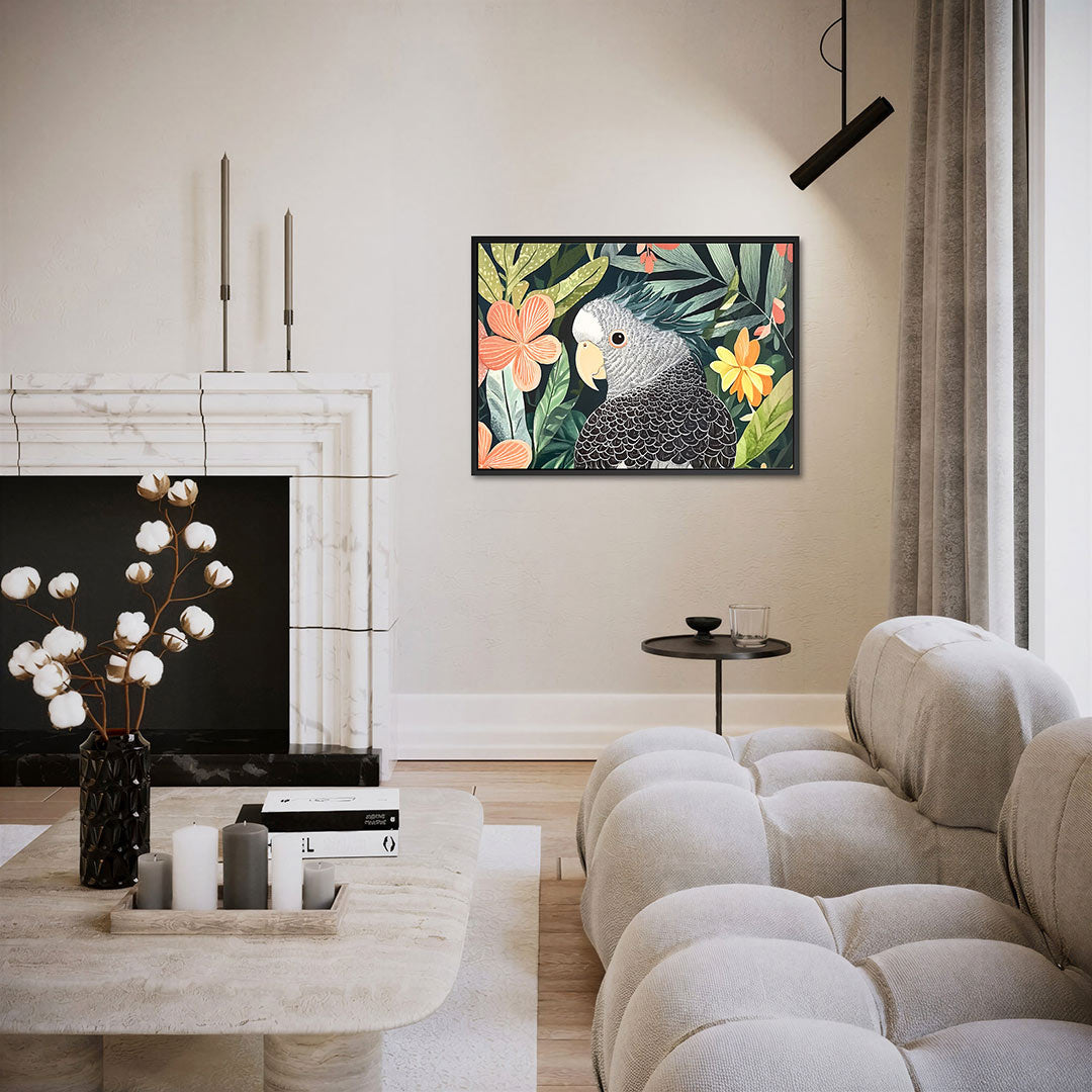 Vrolijke vogel en bloemen – liggende wanddecoratie