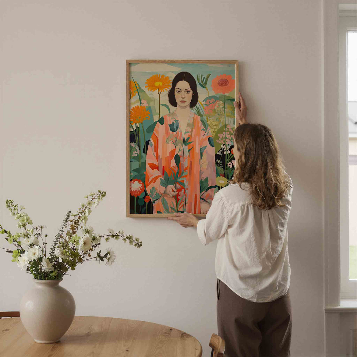 Vrouw met bloemen – botanische wandkunst als portret poster