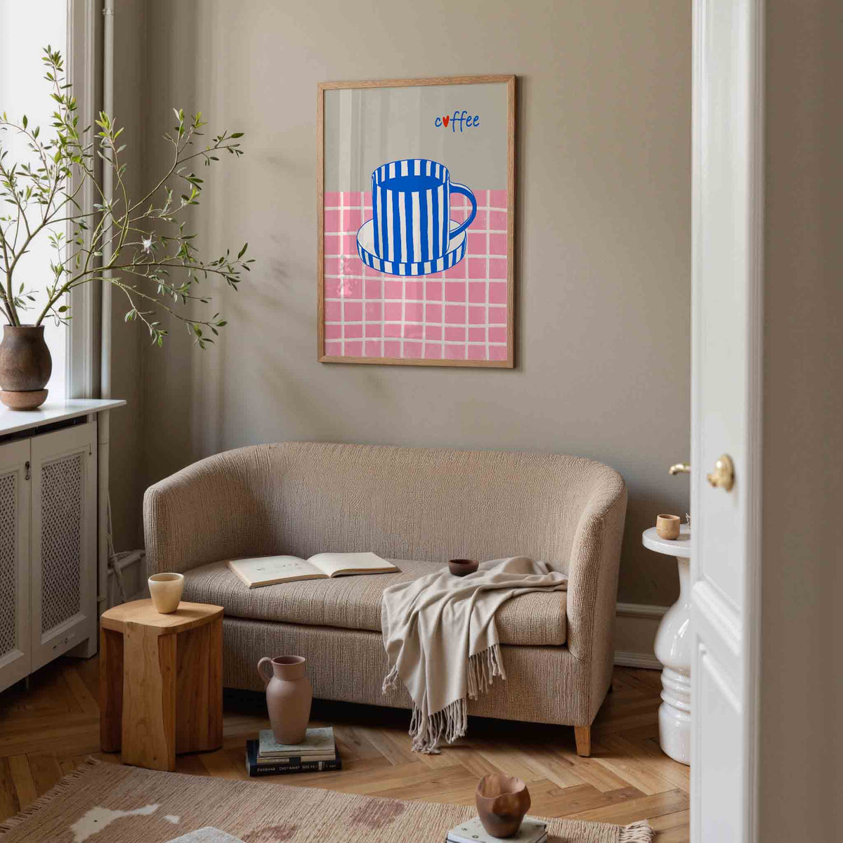 Gestreepte koffiekop – rustige poster in staand formaat