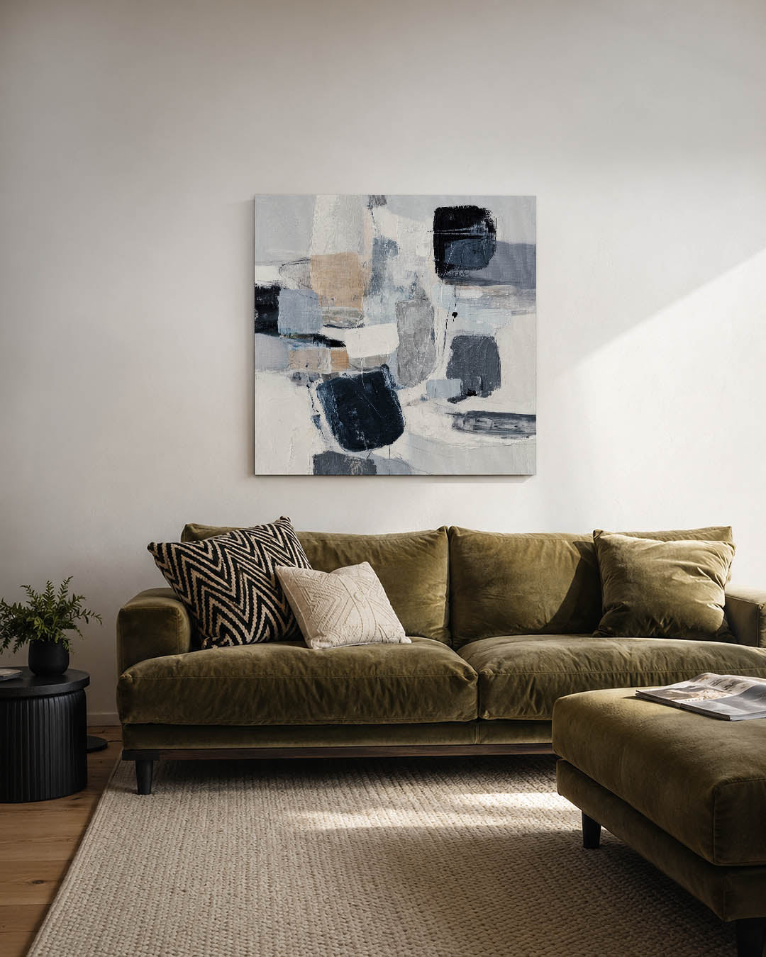 Geometrische compositie kunstwerk – derde productweergave – dit werk toont een dynamische mix van rechthoeken en vierkanten