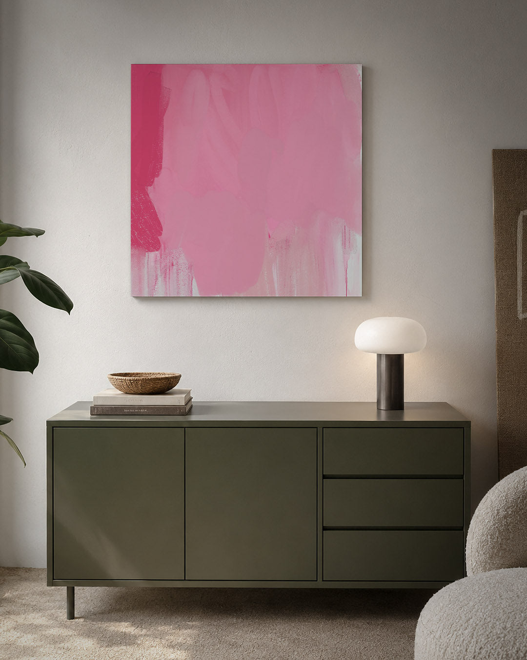 Roze vormen compositie kunstwerk – detailweergave – dit werk toont een zachte mix van roze tinten met vloeiende, overlappende