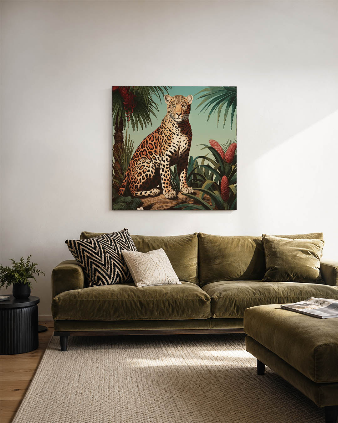 Tropische dierenwereld kunstwerk – sfeerbeeld – dit kunstwerk toont een majestueuze luipaard te midden van weelderige