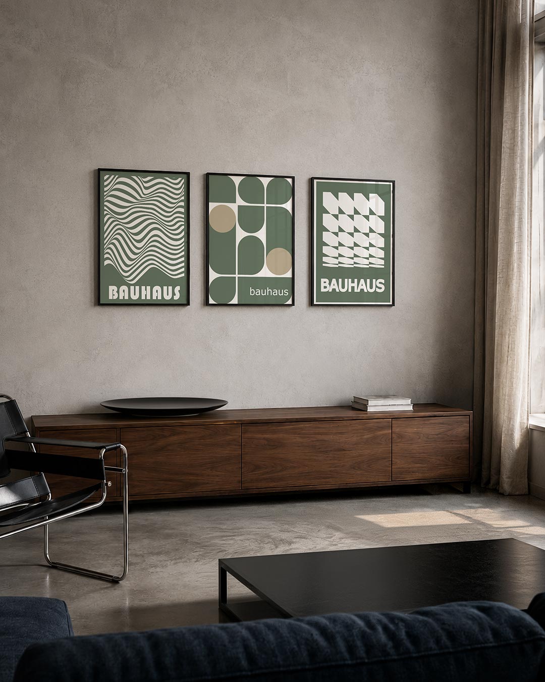 Golvend lijnenspel driedelige posterset – deze posterset in drie delen toont vloeiende, golvende lijnen in een ritmisch