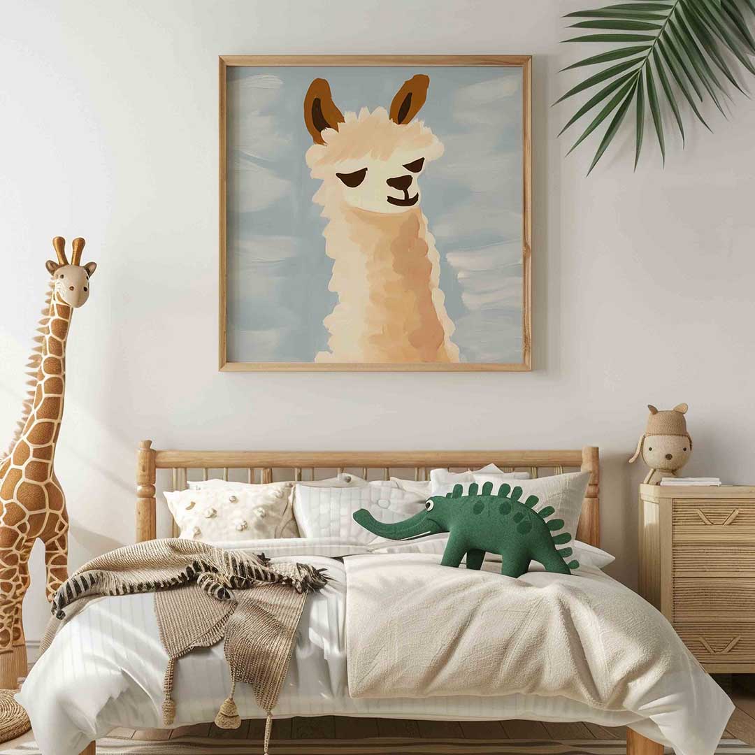 Lama met blauwe achtergrond – vierkante kinderkamer wanddecoratie van WallArtistic