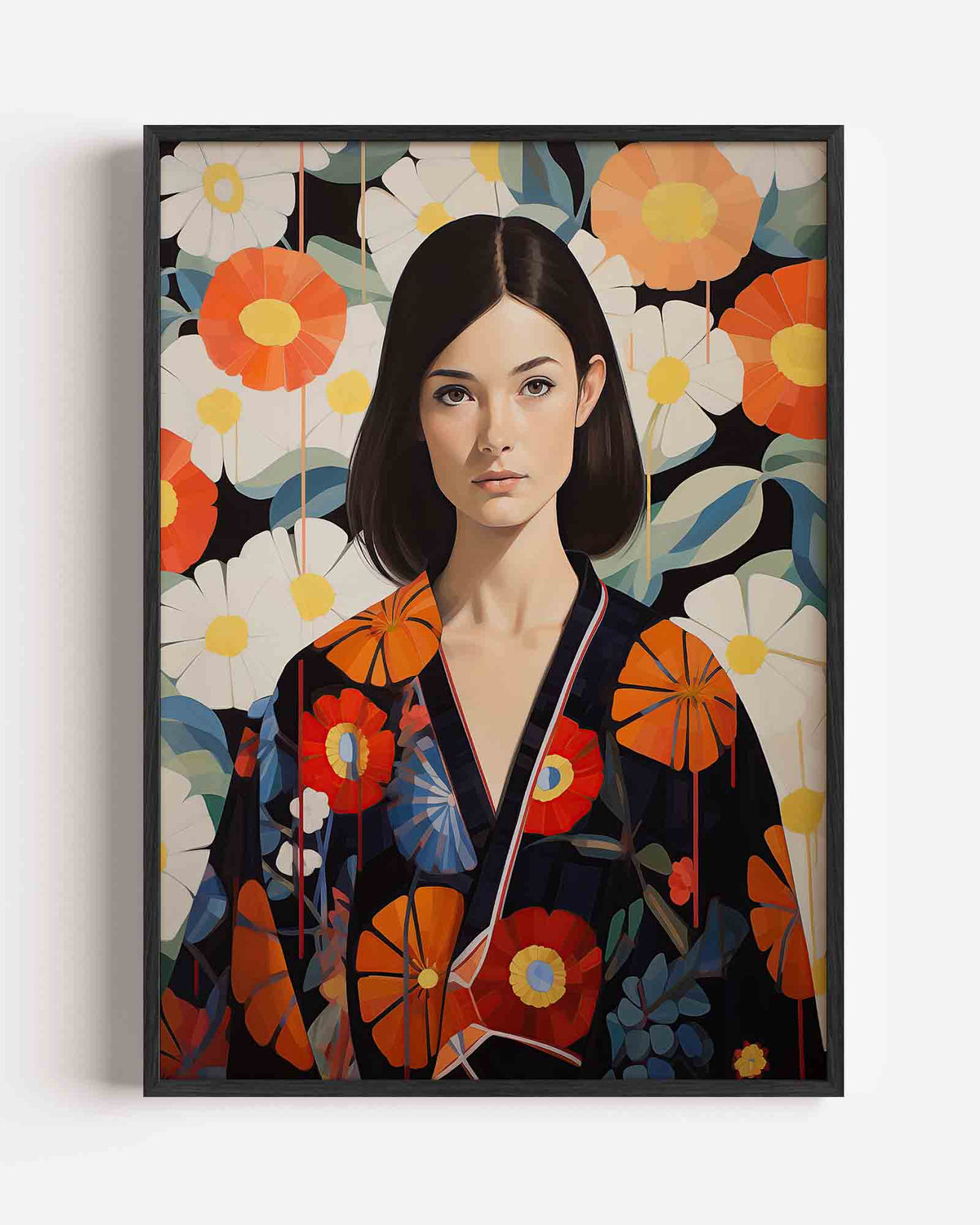 Vrouw met bloemenachtergrond – botanische portret poster als wanddecoratie