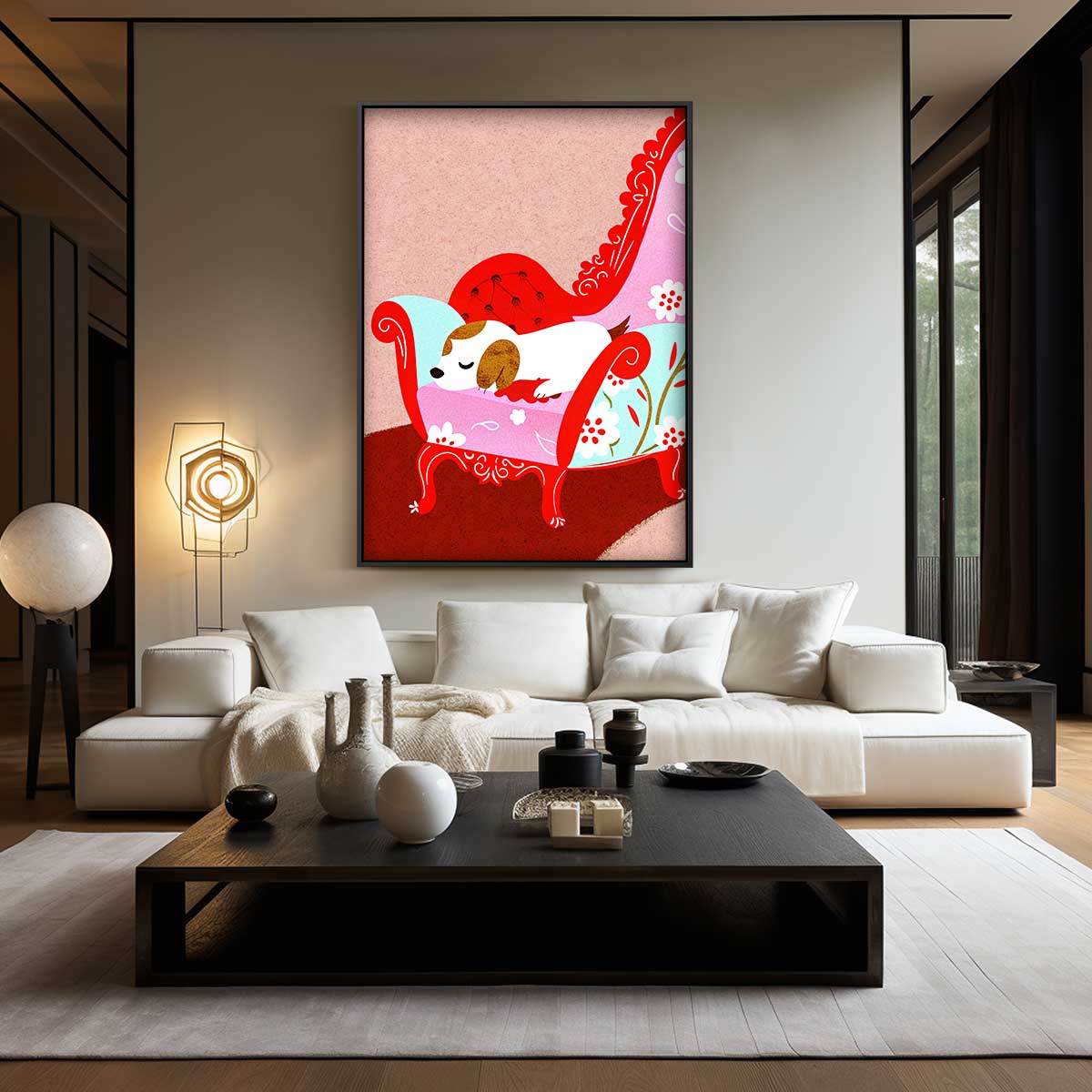 Slapend Hondje in Stijlvolle Stoel – staand kunstwerk voor modern interieur