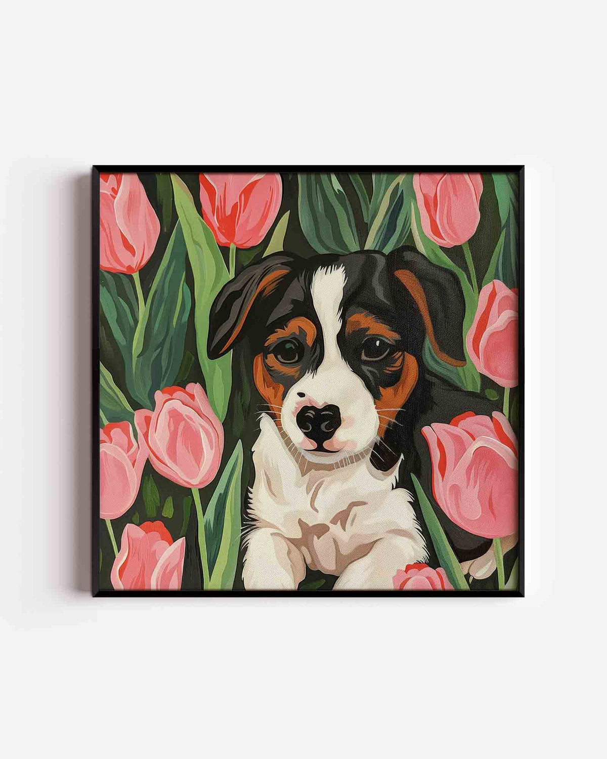 Hond tussen tulpen – vierkante kinderposter als wanddecoratie