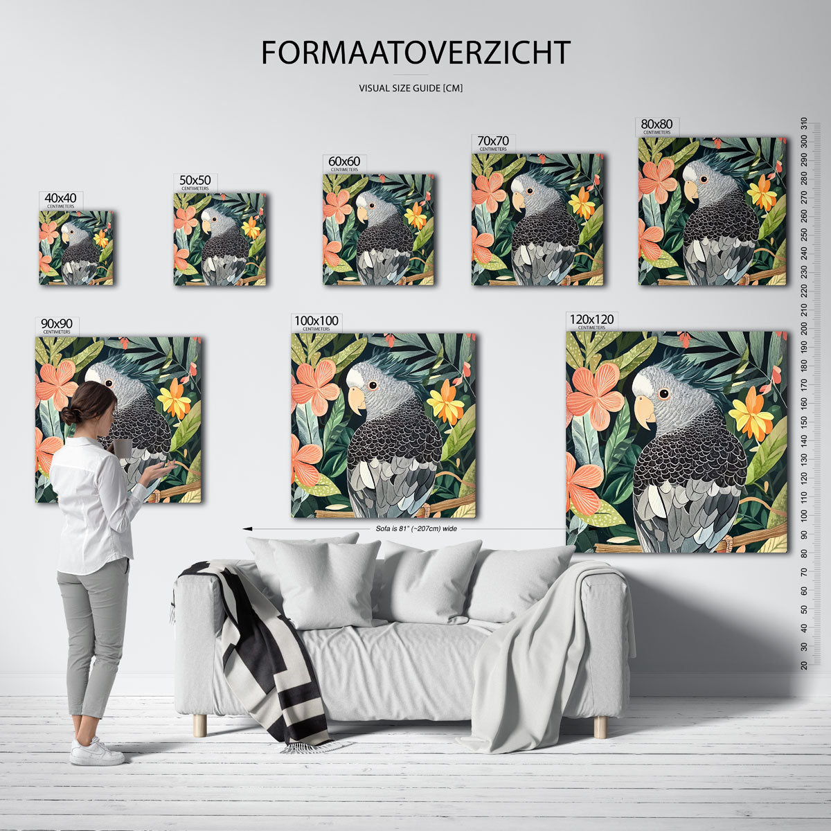 Papegaai en bloemen – vierkante jungle wanddecoratie van WallArtistic