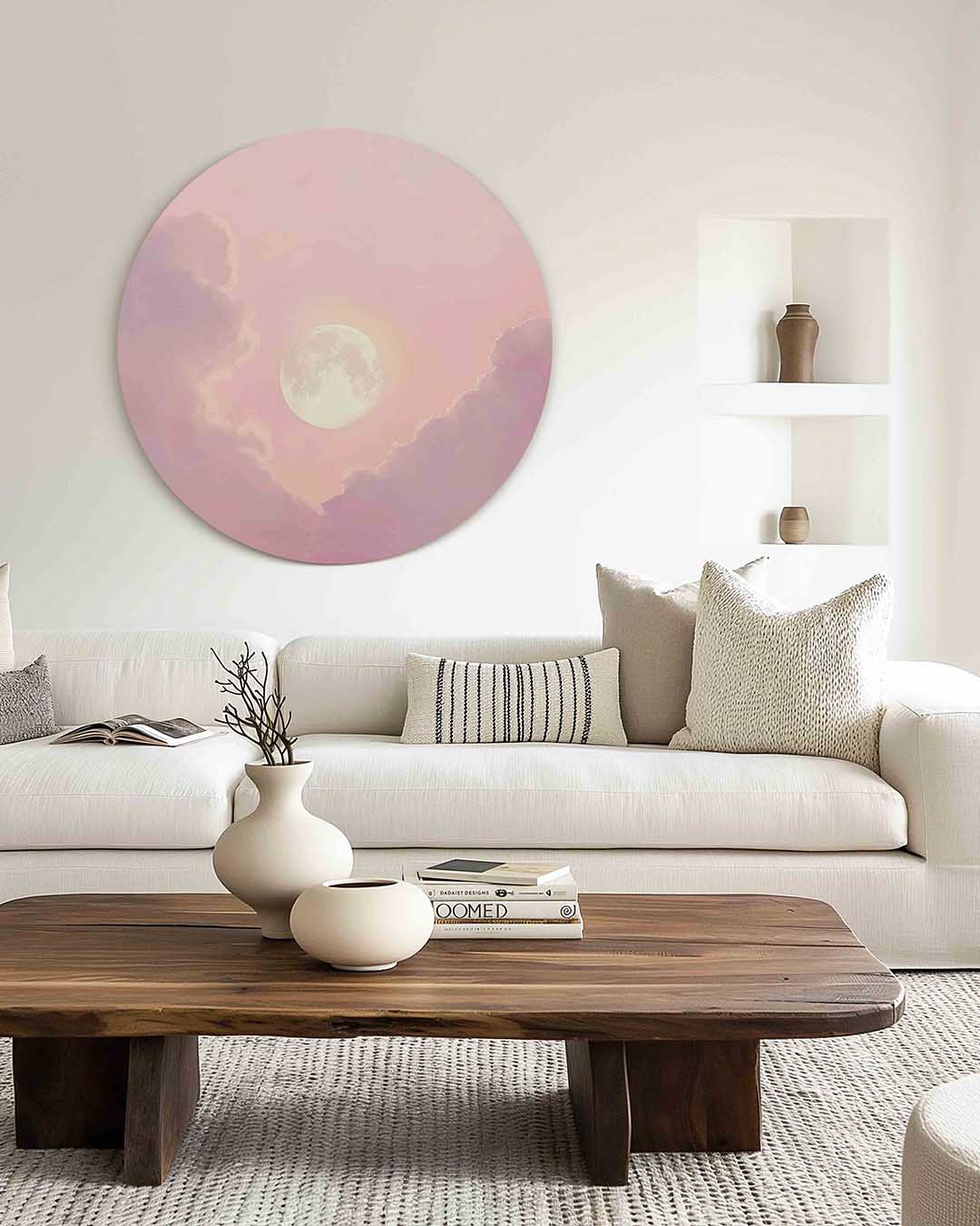 Maan en wolken – muurcirkel met kleur en vormen voor aan de muur