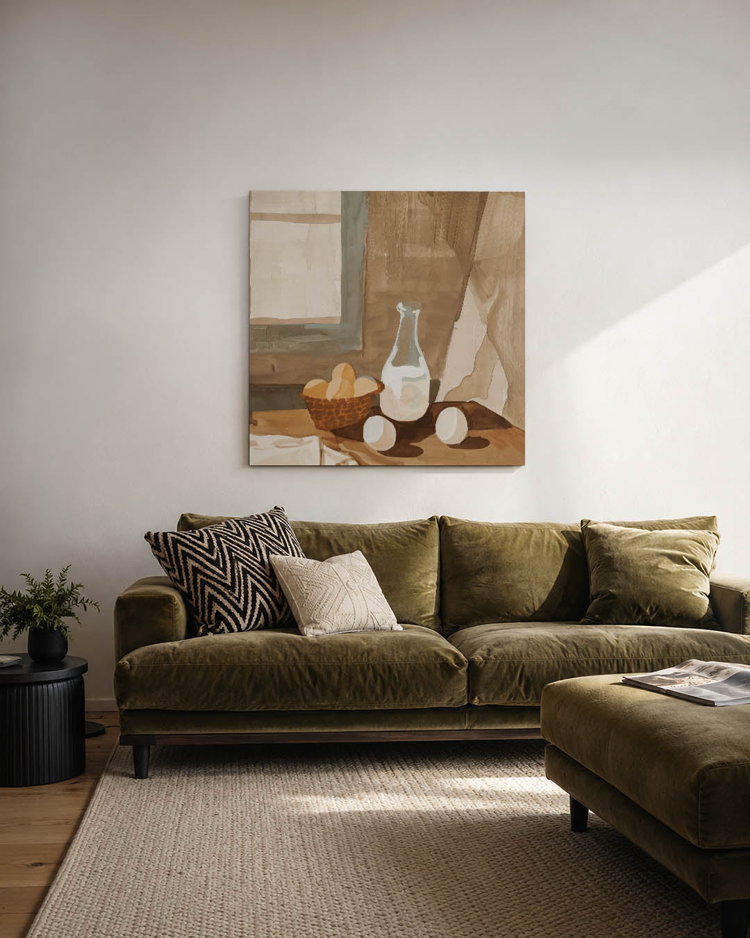 Interieur scène kunstwerk – derde productweergave – dit werk toont een compositie met een mand eieren en een fles op een