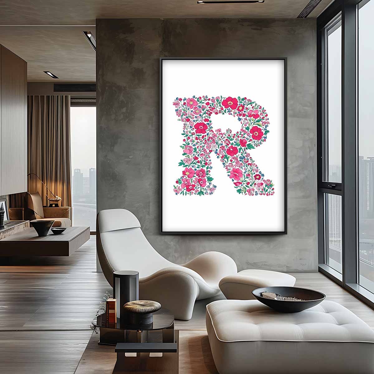 Bloemenletter R – canvas wanddecoratie in portret formaat