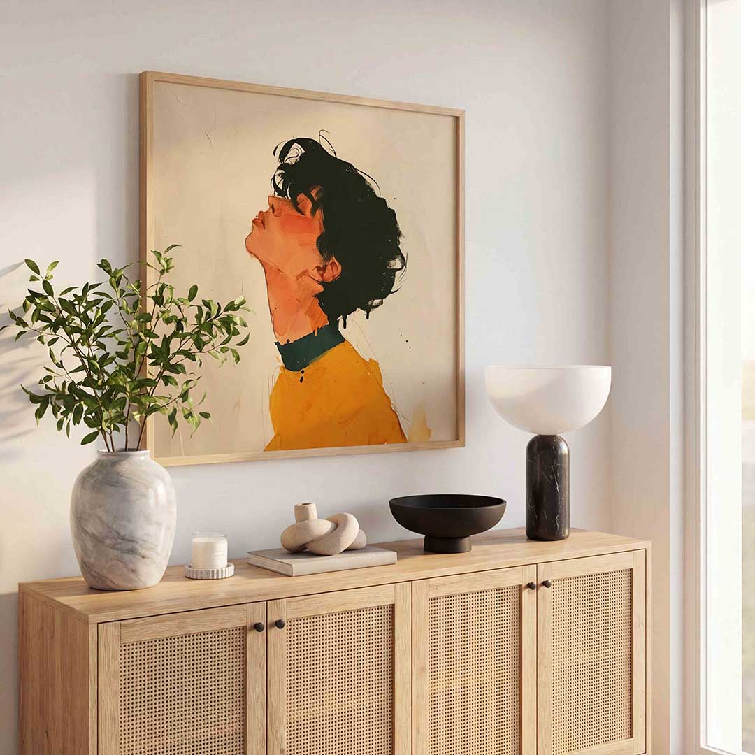Zijwaarts kijkende persoon – kunst en design poster in vierkant formaat