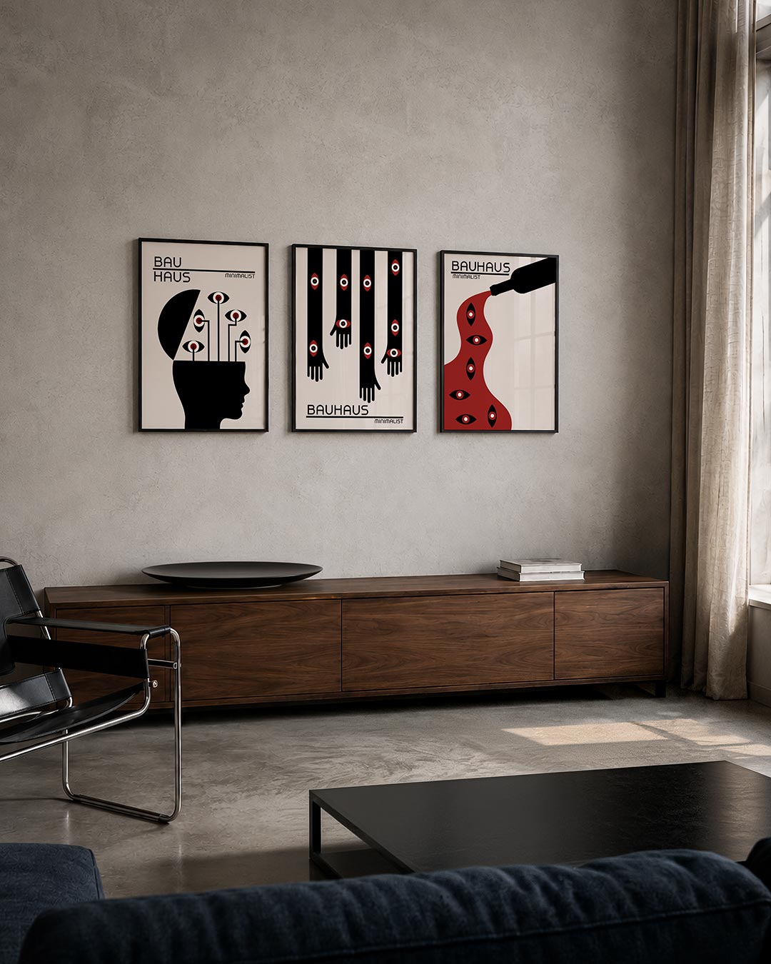 Ooglijnenspel posterset – tweede productweergave – een silhouet met lijnen die naar ogen leiden. Zwart, wit en rood vormen