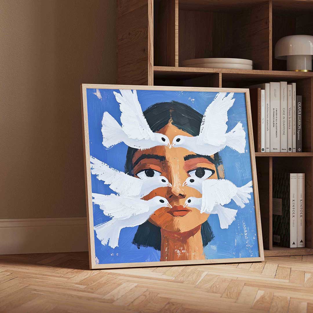 Vrouw met witte duiven – vierkante moderne wanddecoratie van WallArtistic