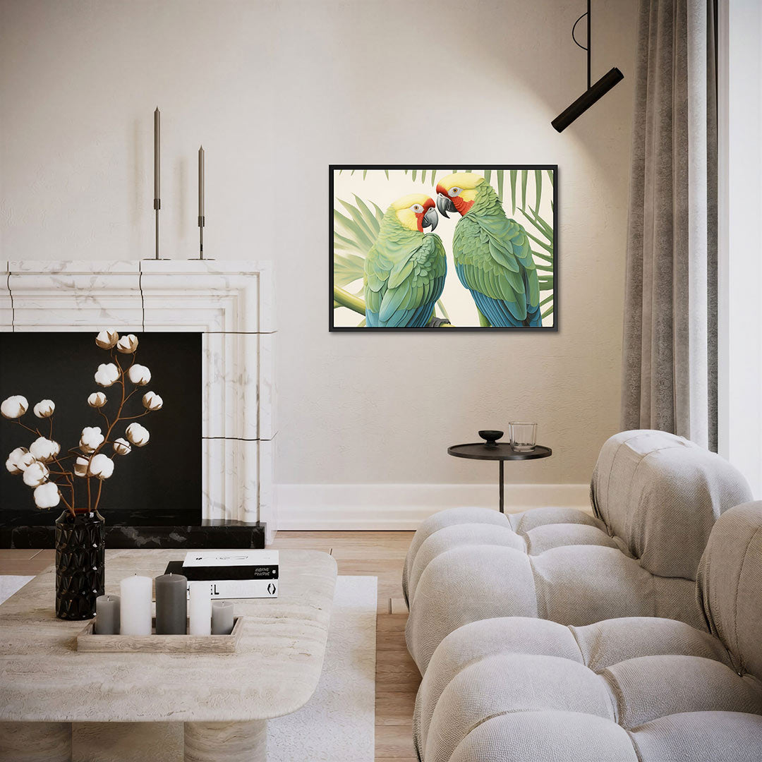 Tropische papegaaien – Jungle kunstwerk – liggende wanddecoratie