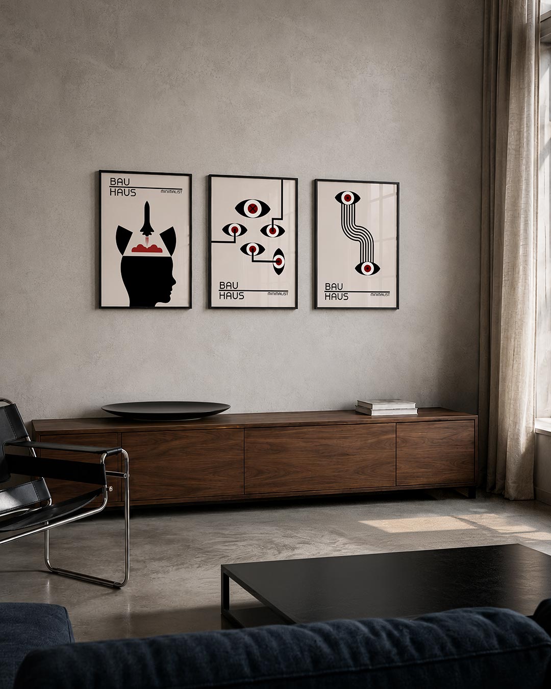 Vormen en vlucht posterset – tweede productweergave – een silhouet met een raket en wolken. Zwart en rood op een lichte
