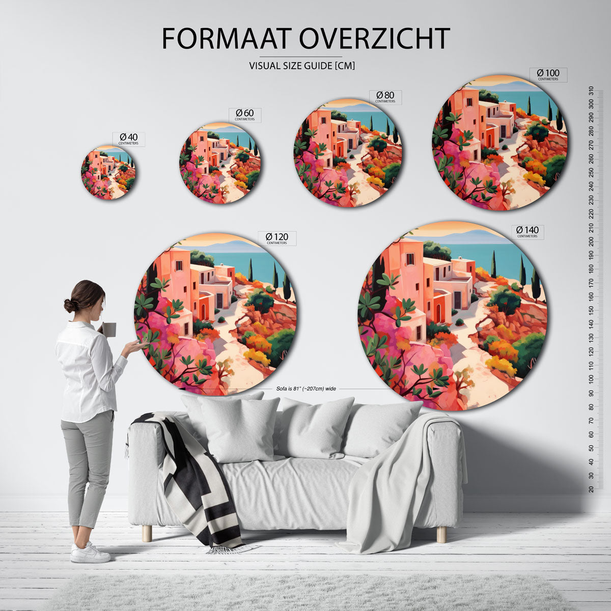 Mediterrane huizen – abstracte wandkunst als muurcirkel van WallArtistic