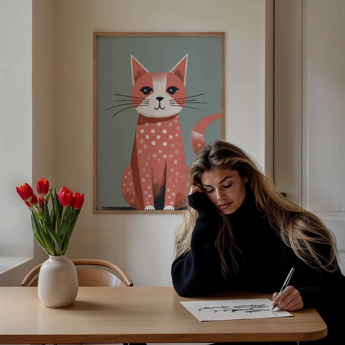 Stijlvolle Kattenposter met Polkadots – staande dieren wanddecoratie van WallArtistic