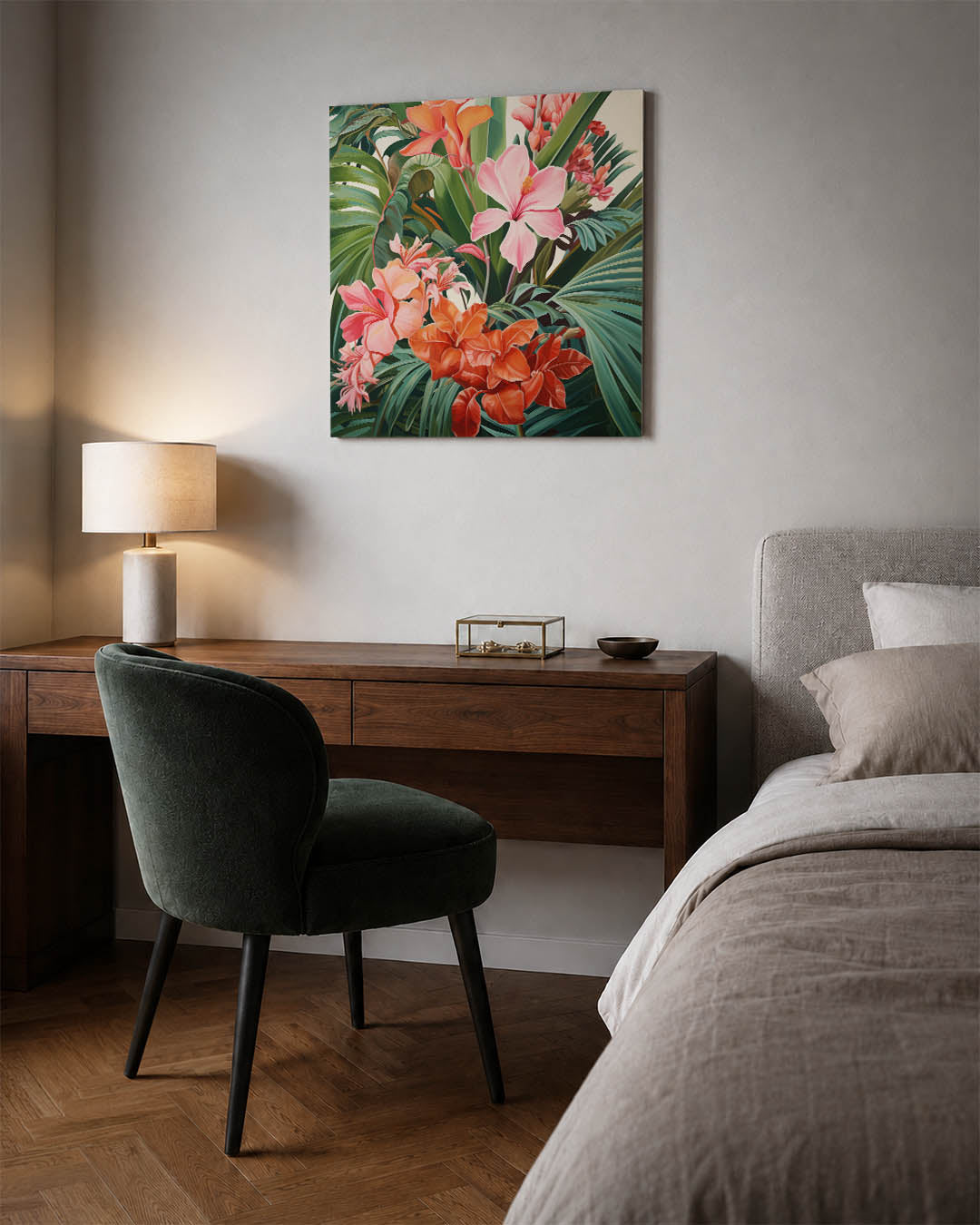 Bloemrijke jungle kunstwerk – materiaalweergave – dit kunstwerk toont een weelderige verzameling van kleurrijke bloemen en