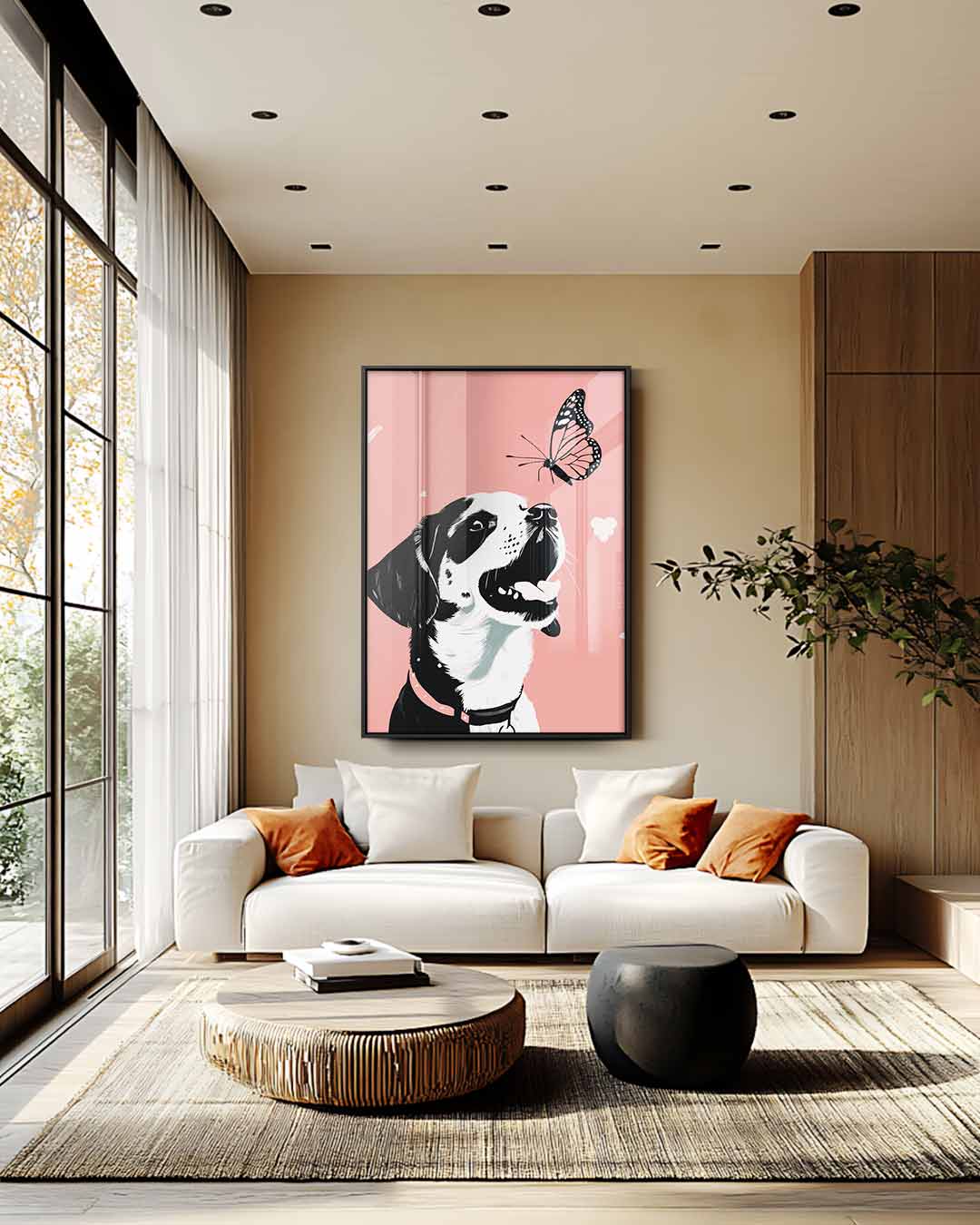 Vrolijke Puppy Met Vlinder – modern portret kunstwerk van WallArtistic