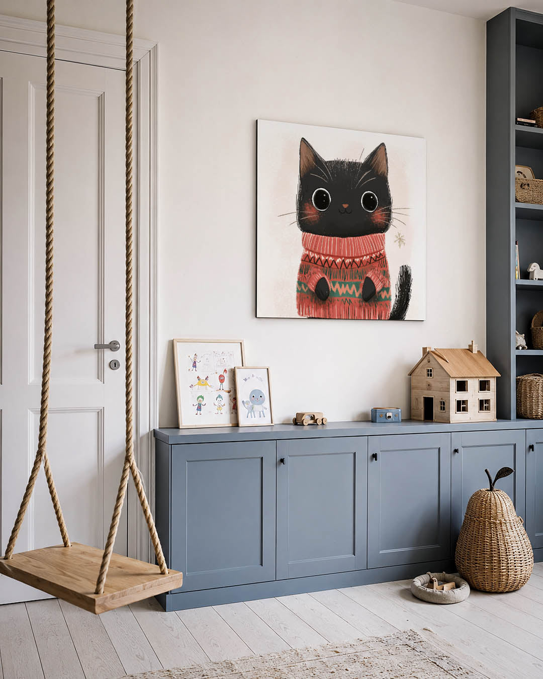 Schattige kat illustratie kunstwerk – vierkante wanddecoratie – dit werk toont een schattige kat met grote ogen in een