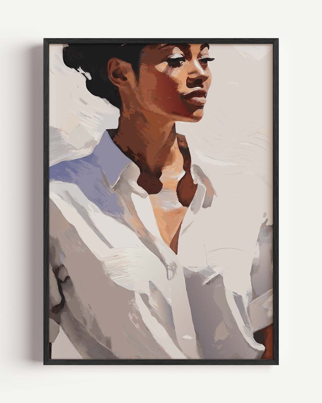 Elegante Vrouw in Witte Blouse – zomer portret poster als wanddecoratie