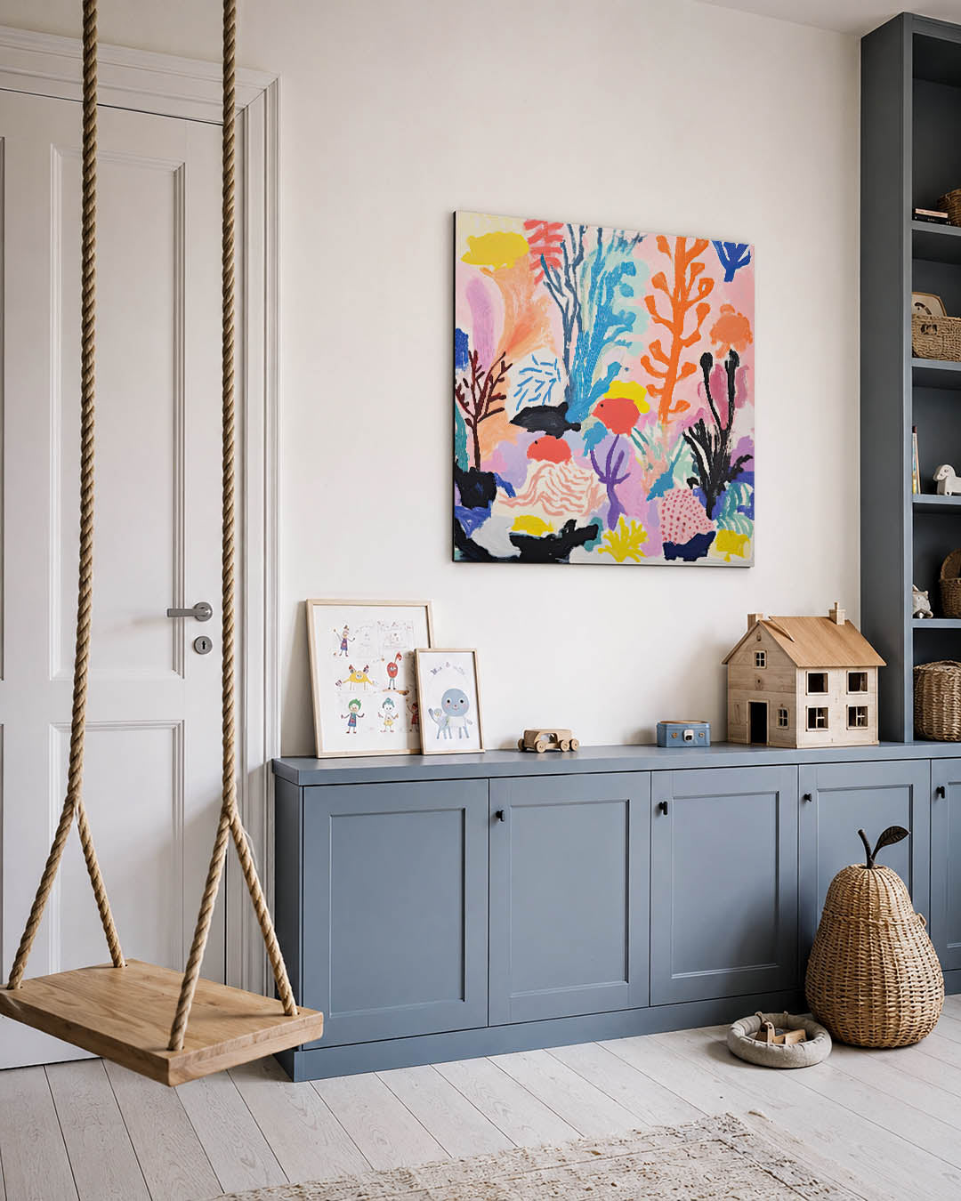 Vrolijke kleurenexplosie kunstwerk – vierkante wanddecoratie – dit kunstwerk toont een levendige mix van organische vormen en