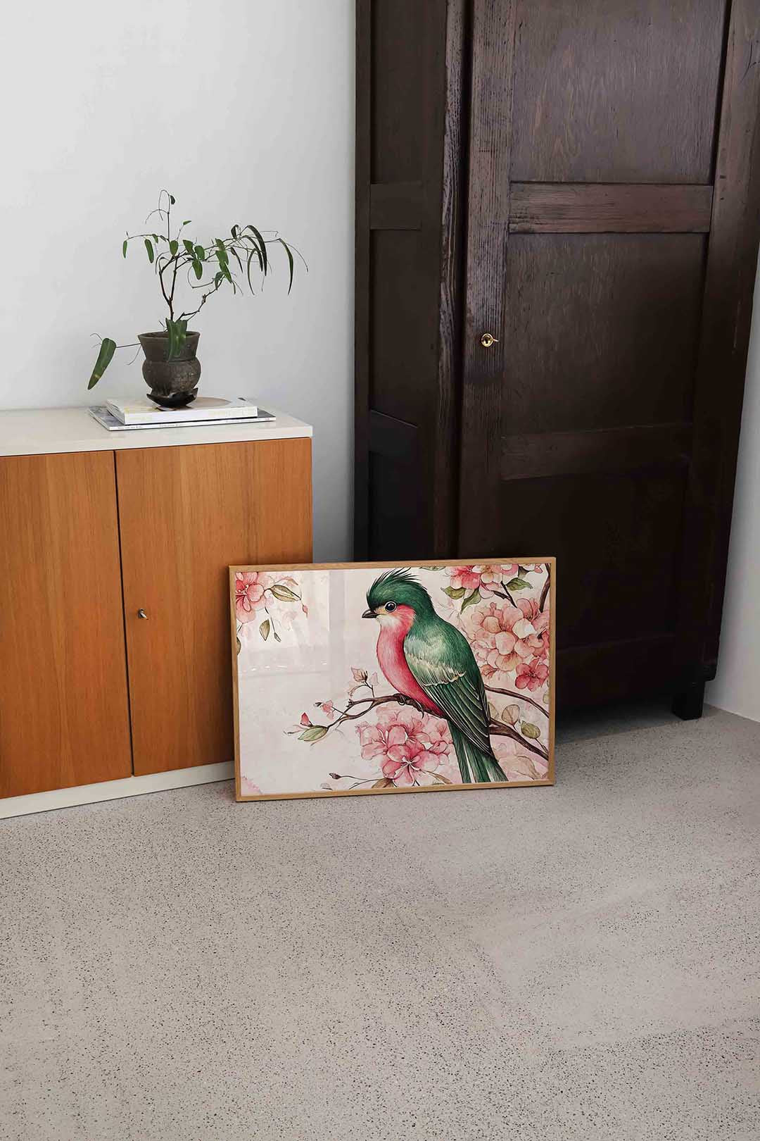 Vogel en bloemen – dierenillustratie als landscape poster