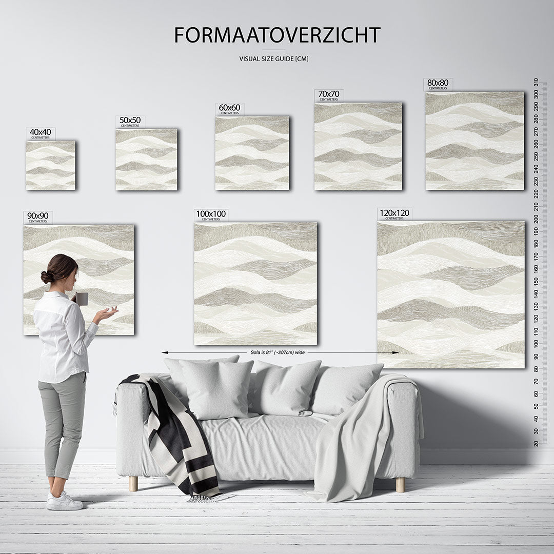 Golvende lijnen kunstwerk – materiaalweergave – dit werk toont vloeiende, golvende lijnen in beige en wit, die een