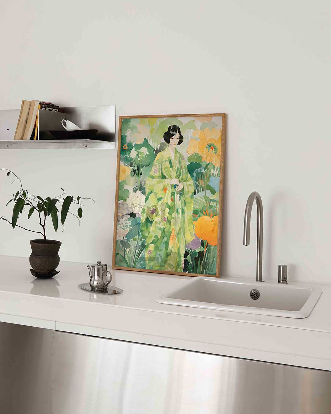 Vrouw in groene kimono – Aziatische poster in staand formaat