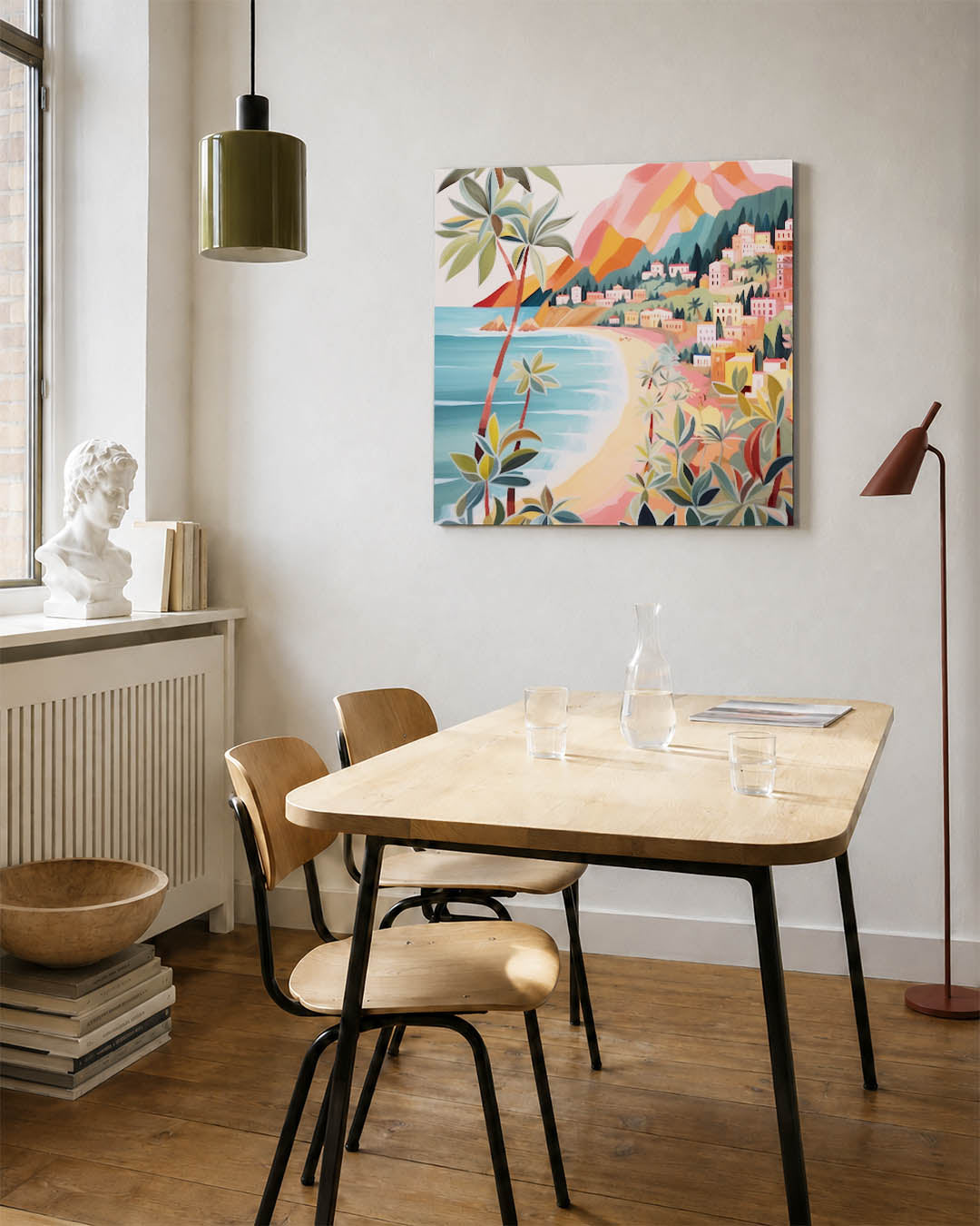 Kleurrijke kustlijn kunstwerk – detailweergave – dit werk toont een levendige kustlijn met kleurrijke gebouwen en weelderige