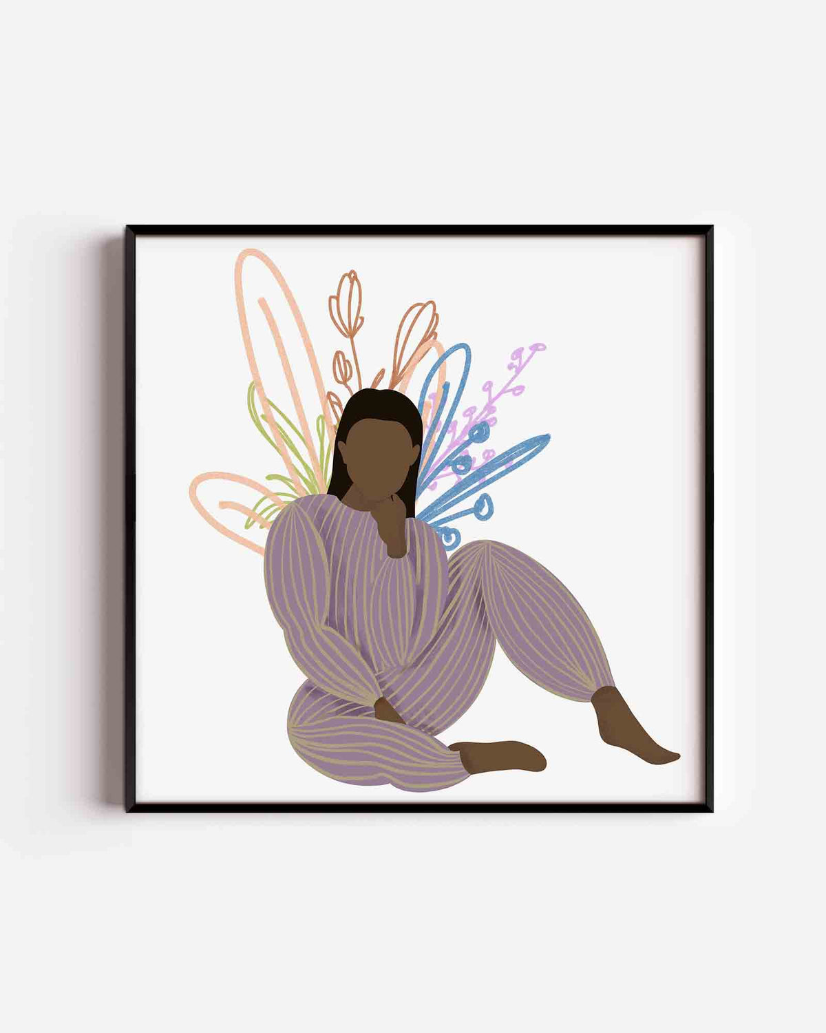 Zittende figuur met bloemen – vrouwelijk portret als vierkante poster