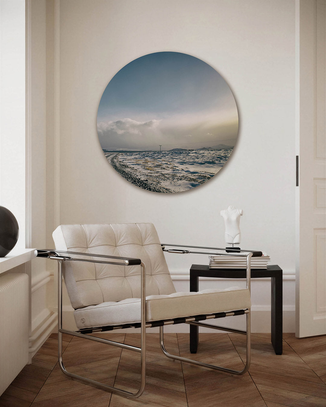 Sneeuwlandschap – fotografie muurcirkel als ronde wanddecoratie