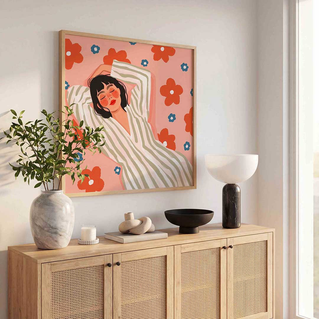 Vrouw met bloemen – illustratie poster in vierkant formaat