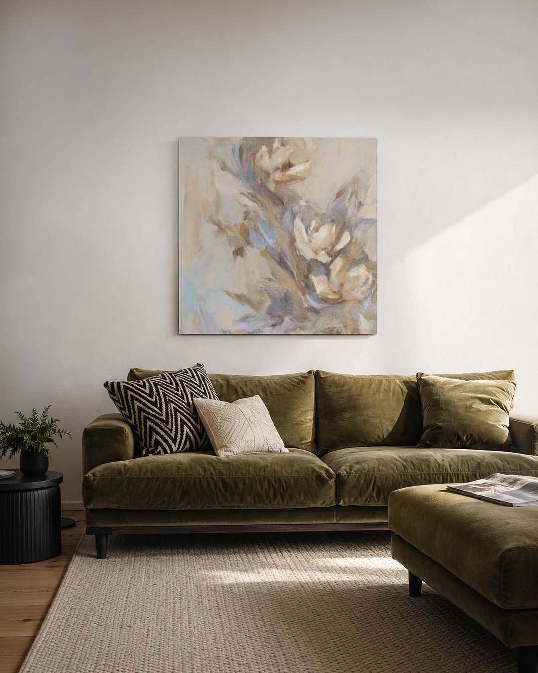 Dromerige bloemvormen kunstwerk – derde productweergave – dit kunstwerk toont zachte bloemvormen in een vloeiende compositie.
