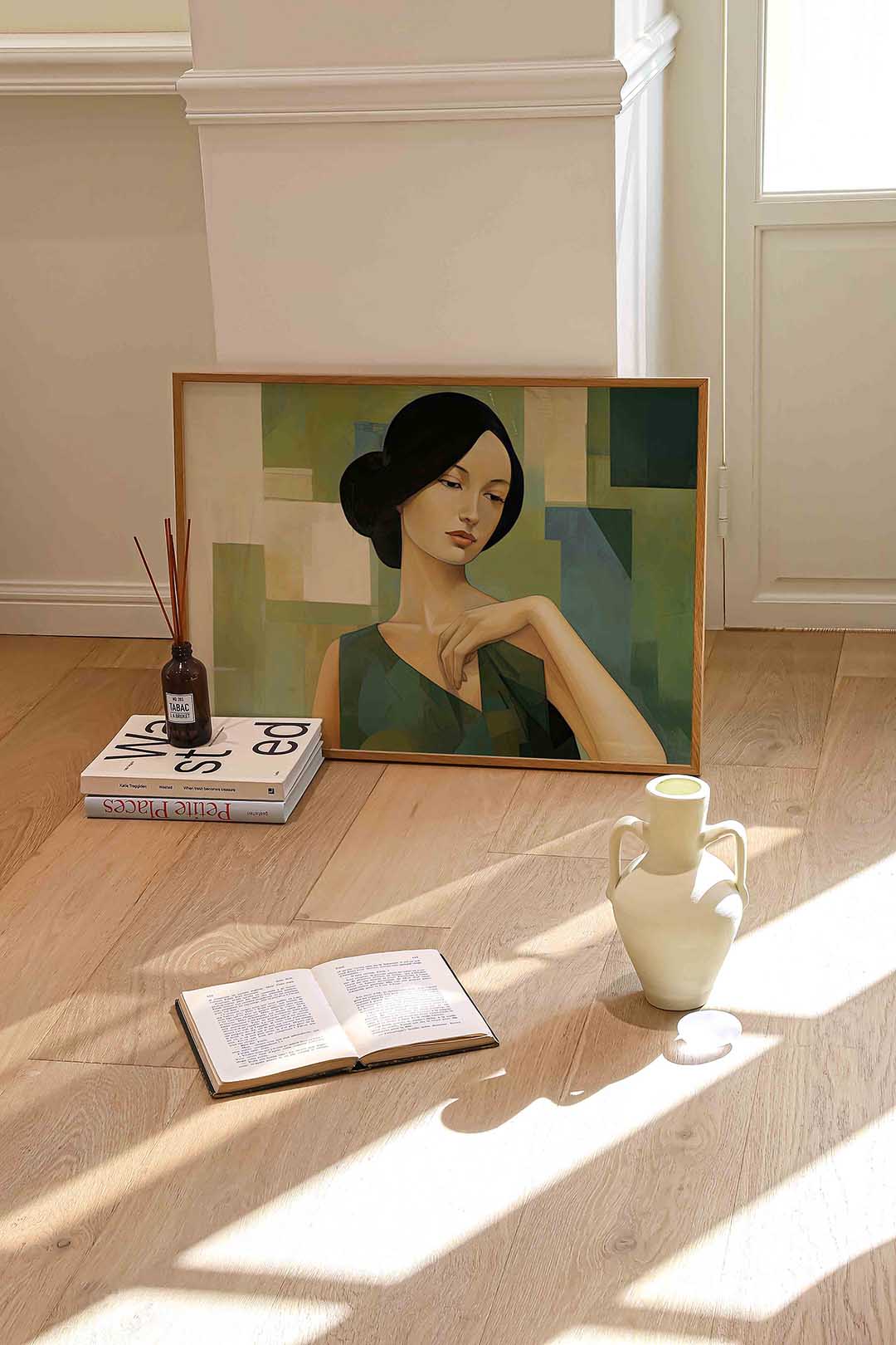 Vrouw met donkere haren – liggende portret wanddecoratie van WallArtistic