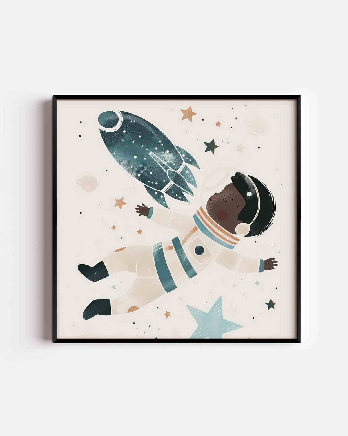 Astronaut en raket – vierkante kinderposter als wanddecoratie