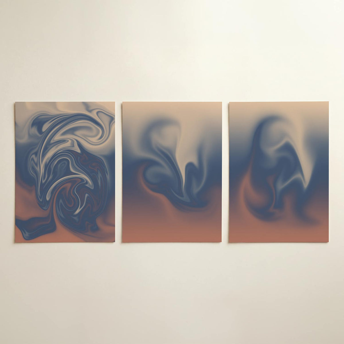 Vloeiende kleuren – driedelige posterset in interieur