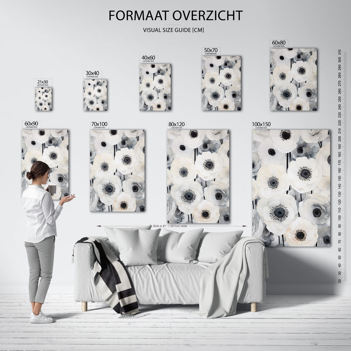 Witte bloemen – staande muurposter met zachte abstracte vormen