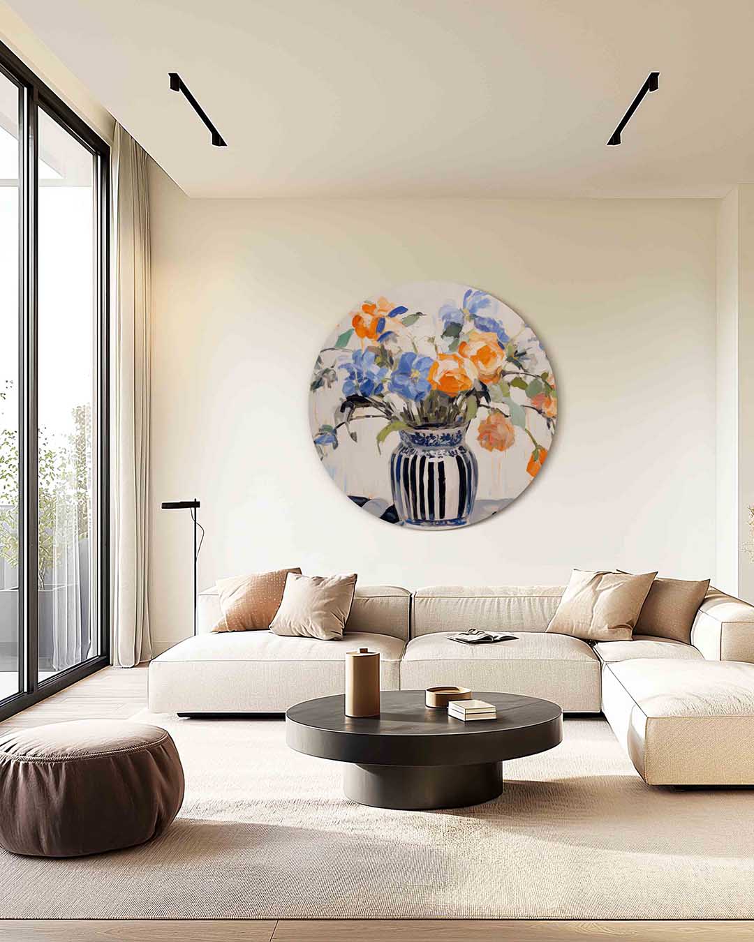 Bloemen in vaas – kleurrijke muurcirkel als ronde wanddecoratie