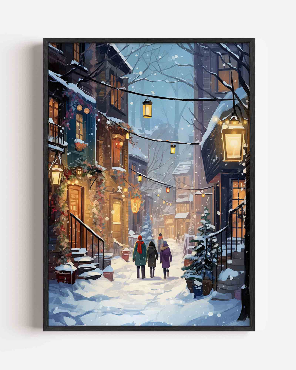 Winterse straat met lantaarns – kerst portret poster als wanddecoratie