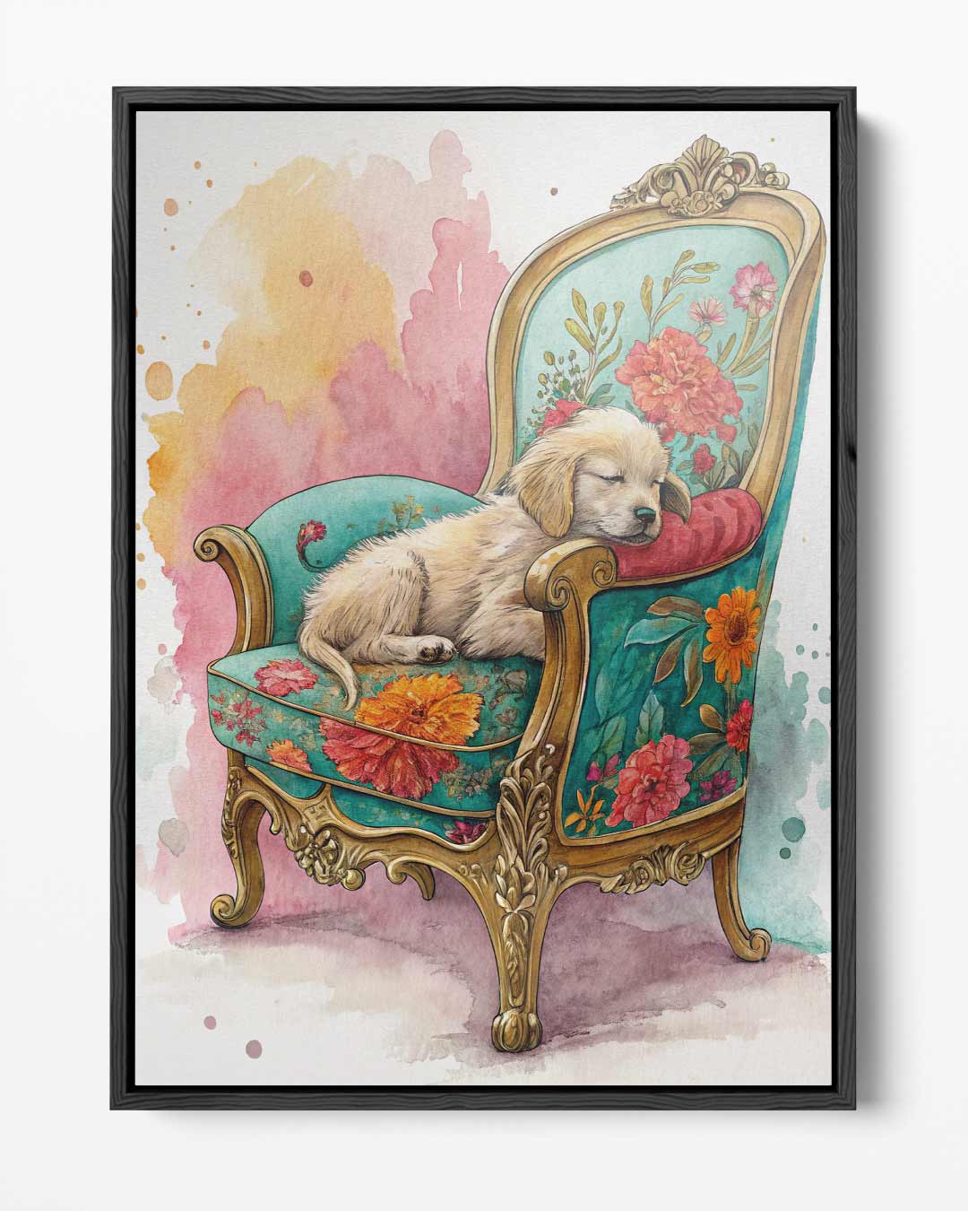 Dromerig Hondje op Bloemenstoel – portret kunstwerk als wanddecoratie